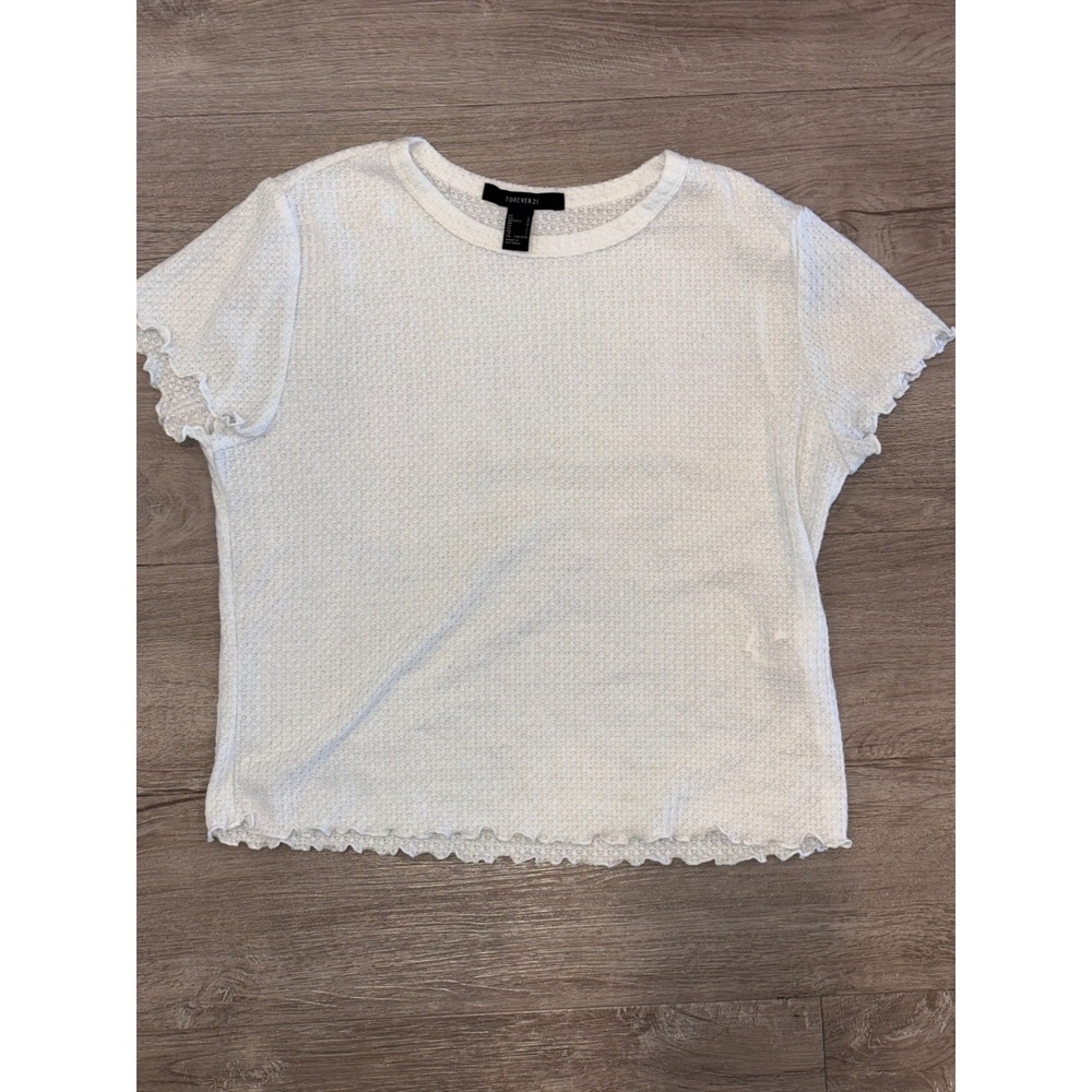 Forever 21 Cropped Top Womens Large White‎ Waffle Knit Crew Neck Lettuce Trim